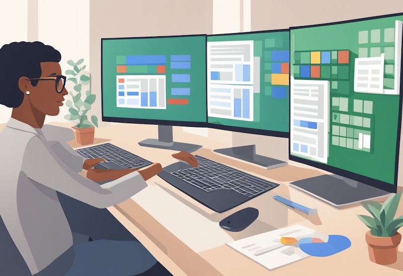 lady with glasses working at a desk with three monitors