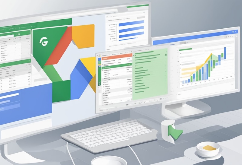 two large computer monitors displaying google sheets and charts