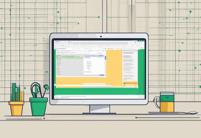 computer monitor stood against a wall, displaying spreadsheets