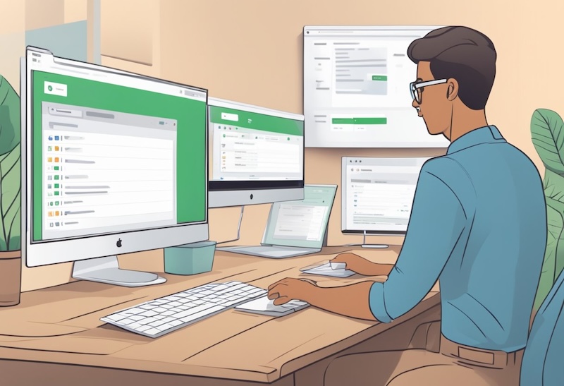 Man with glasses sat at a desk with two monitors, working on spreadsheets