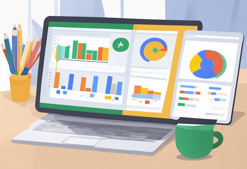 laptop displaying charts and graphs, green coffee mug in the foreground