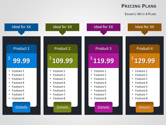 Pricing table with four columns designed in Microsoft Powerpoint