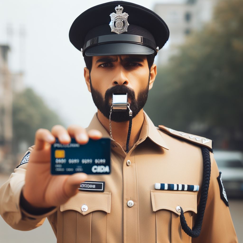 police man holding a credit card and blowing his whistle