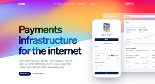 A colorful marketing website highlighting the importance of the payments infrastructure showing images of payments and upward online commerce trends